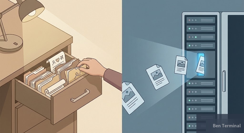 左邊溫暖木桌上的私人記憶抽屜，右邊記憶飄進冰冷的企業伺服器