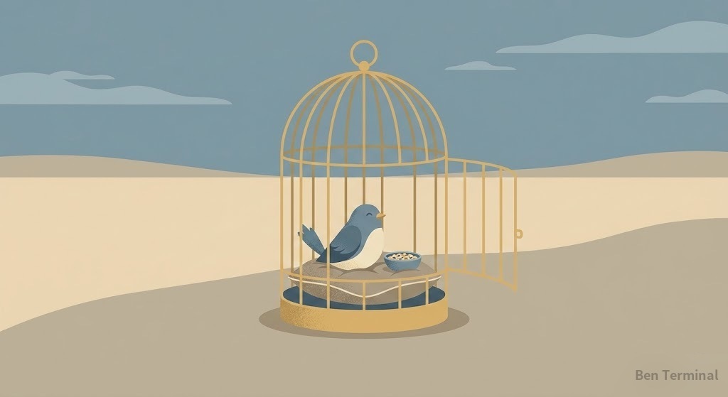 敞開門的金色鳥籠，裡面舒適安逸，外面是空曠原野