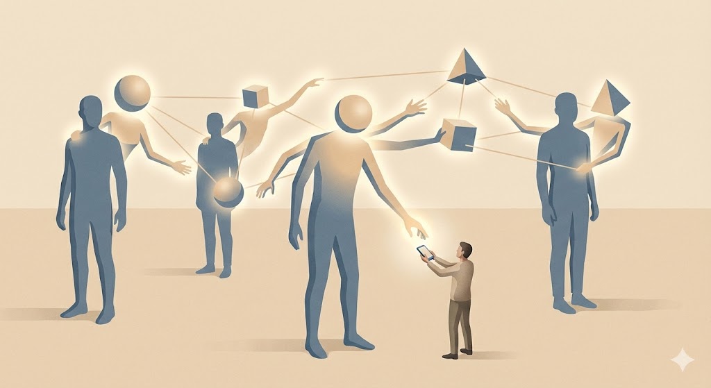 多個發光的幾何 Agent 彼此連線交涉，一個小小的人類拿著手機站在中間