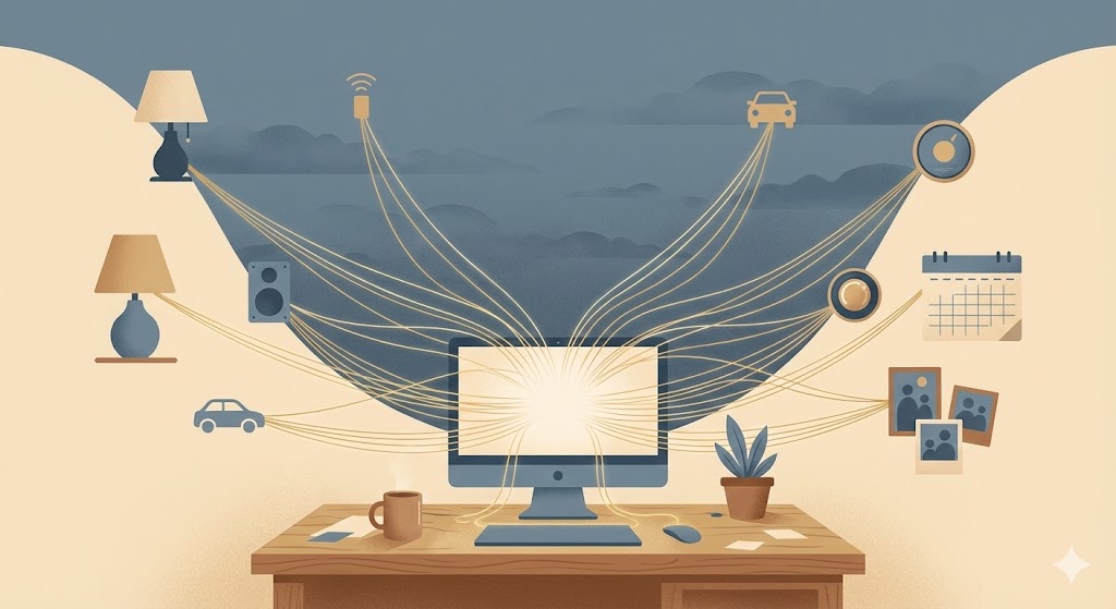 一台電腦向外延伸金色絲線，連接燈泡、車、音響、行事曆等日常物件
