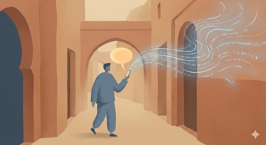 一個人在摩洛哥巷弄中對手機說話，語音化為程式碼飄散在空氣中