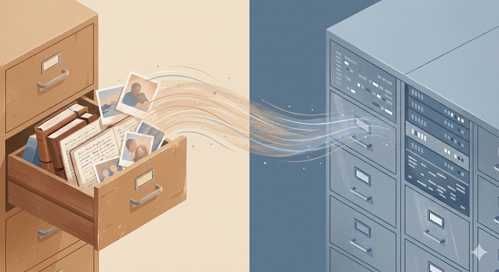 私人木製抽屜裡的日記和照片，正飄向冰冷的企業伺服器機櫃