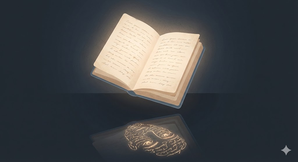 一本發光的筆記本漂浮在暗色空間中，倒影映出一張由文字構成的人臉