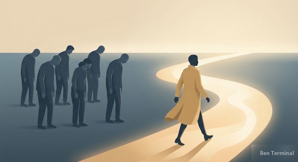 一個人走在發光的道路上，身後的人群停留原地