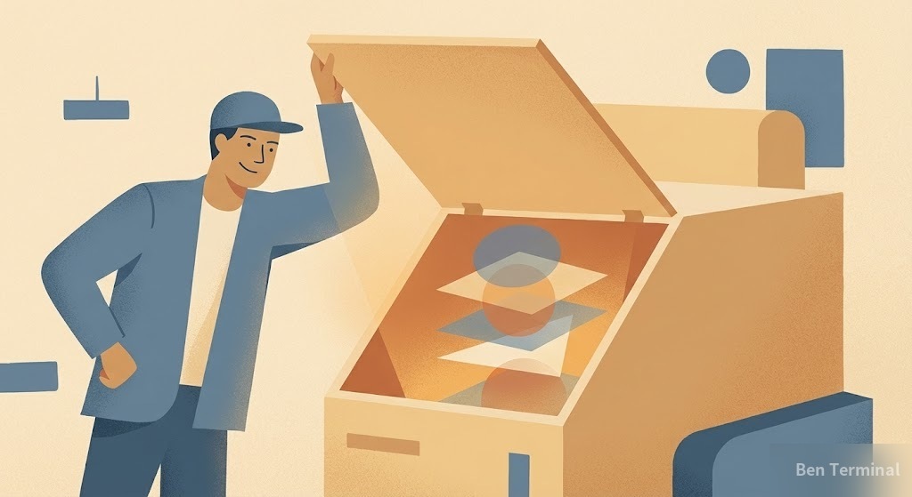 一個人好奇地掀開巨型機器的引擎蓋，裡面散發溫暖光芒