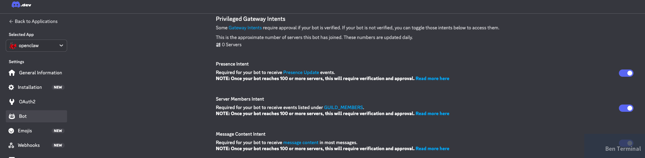 Discord Privileged Gateway Intents 設定