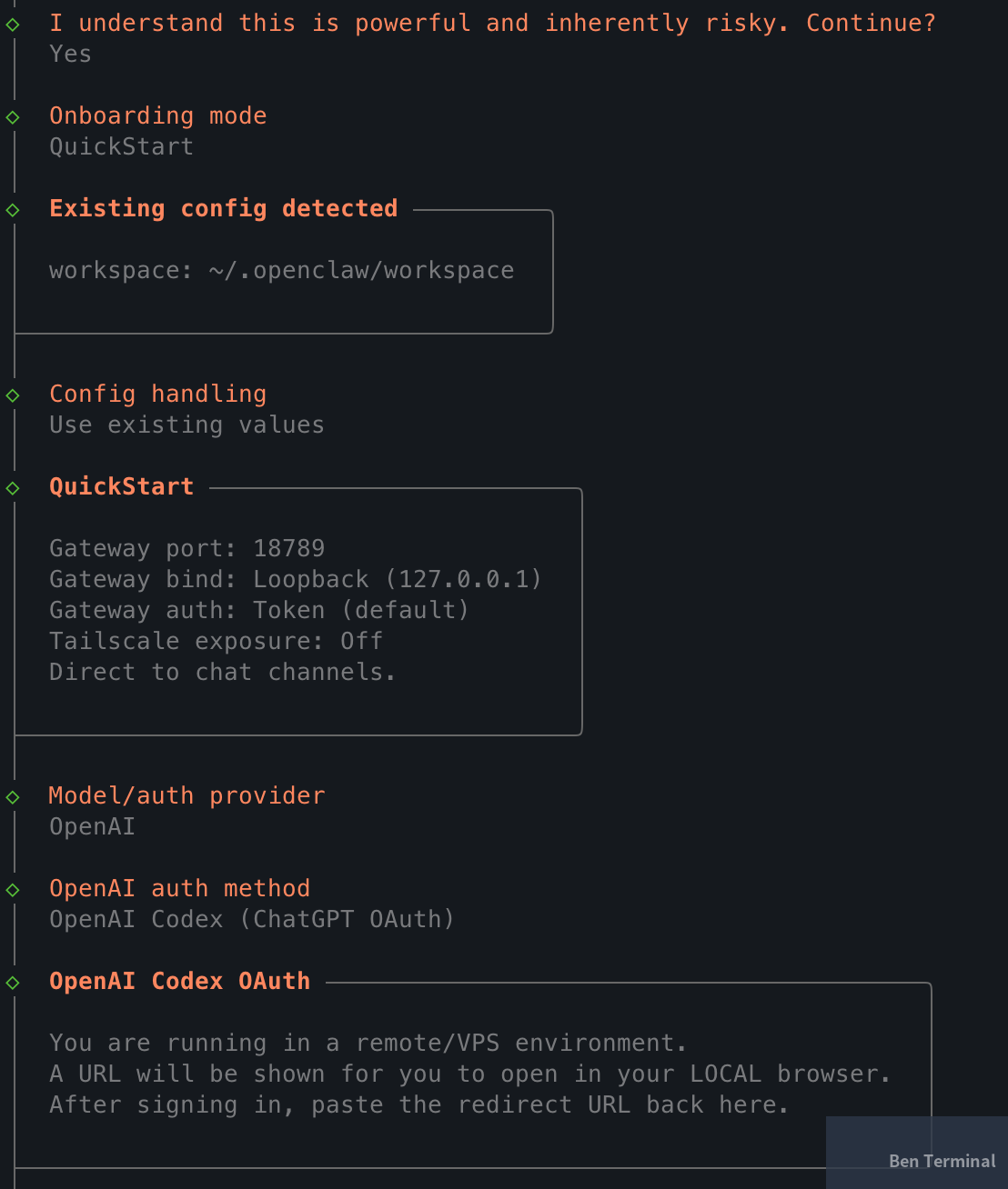 OpenClaw onboarding 設定畫面
