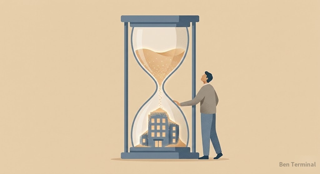 沙漏中的粒子堆積成辦公大樓，一個人站在旁邊看著時間流逝