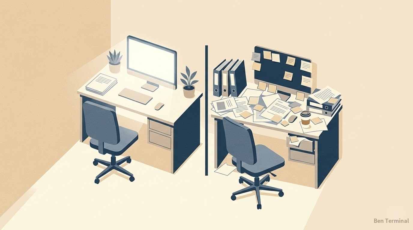 兩張並排的辦公桌：一張整齊發光，一張堆滿紙張